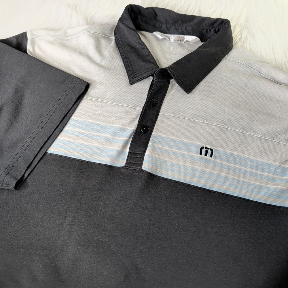 TravisMathew Polo Shirt Men L Black Gray Colorblock Striped Golf Top